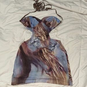 Abstract Tie-Dye Halter Mini Dress in Blue and Brown